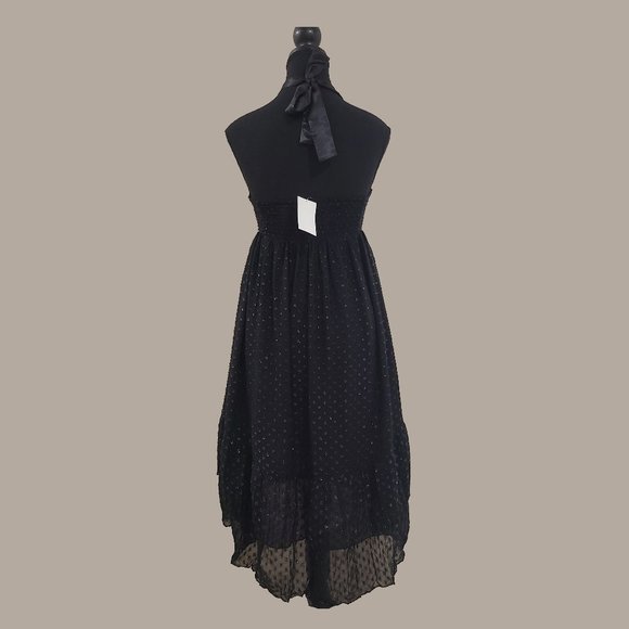 NWT Sexy Black Split Bust Swiss Dot H&M High Low Midi Tiered Halter Dress - Picture 3 of 10